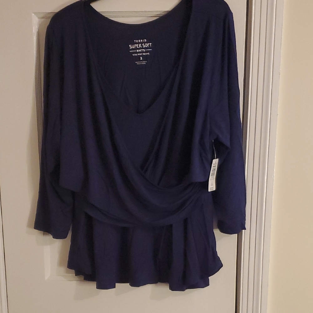 Torrid Blue Asymmetrical Blouse with Draped Style